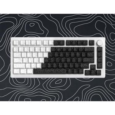 Imagem de dagaladoo Conjunto de teclas PBT Double Shot, teclas de teclado topográfico branco e preto 60 75 100 por cento, brilho através de linhas de teclas personalizadas retroiluminadas, teclas de perfil