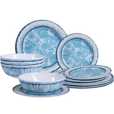 Imagem de Conjunto de pratos e tigelas de melamina, conjunto de pratos modernos leves e inquebráveis, ótimo para acampamento ao ar livre e uso diário, serviço para 4, sem BPA, azul claro