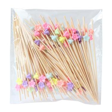 Imagem de 100 palitos de bambu de 4,7 polegadas com contas de flores palitos de bambu espetos para aperitivos, bebidas de frutas, suprimentos de alimentos, contas de cor doce