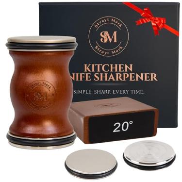 Imagem de Strayt Mark Kit de amolador de facas – Afiador de facas de cozinha de madeira de nogueira premium para borda de 15° e 20° - Afiador de facas magnético com diamante e disco inoxidável #1000/#3000