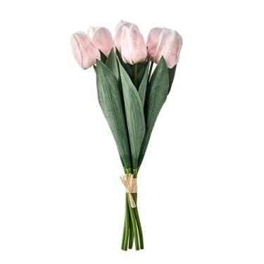 Imagem de Mikasa Flores artificiais de tulipas falsas, hastes de tulipa rosa com vegetação, conjunto de 7 flores de seda de plástico realistas, buquê de tulipas falsas para vaso de decoração de casa, arranjo
