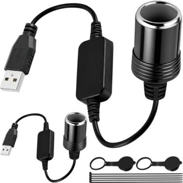Imagem de MKBKLLJY 2 peças USB A para adaptador de isqueiro de 12 V USB macho para fêmea cabo conversor de 8 W com tampa de plugue, para ventilador de carro, GPS eletrônico, luz de LED, câmera de painel