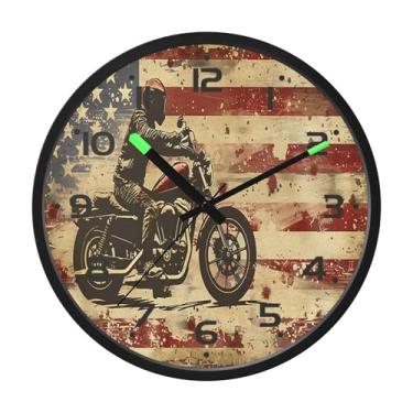 Imagem de SEHANY Relógio de parede vintage americano para motocicleta, silencioso, sem tique-taque, operado por bateria, controle de som, luz noturna, relógios de parede para sala de estar, cozinha, quarto