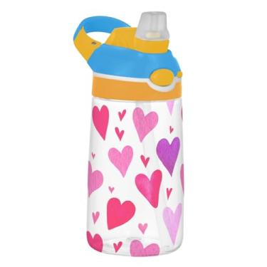 Imagem de Garrafa de água infantil colorida vermelha Valentine Hearts 473 ml Tritan garrafa de água de plástico reutilizável com tampa de canudo 473 ml copo infantil portátil à prova de vazamento, alça de