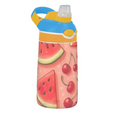 Imagem de Garrafa de água esportiva infantil Tritan de 473 ml com tampa de palha, garrafa de água reutilizável para escola, à prova de vazamento, copo infantil de 473 ml, alça de transporte, fatias de melancia