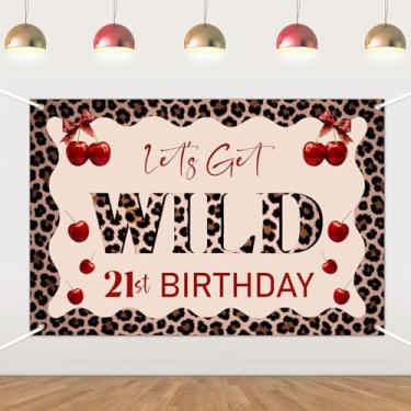 Imagem de Estampa de leopardo Let's Get Wild Pano de fundo de aniversário de 21 anos, faixa de tecido de vinil para decoração de festa de aniversário de 21 anos, chita cereja selva safári fundo fotográfico