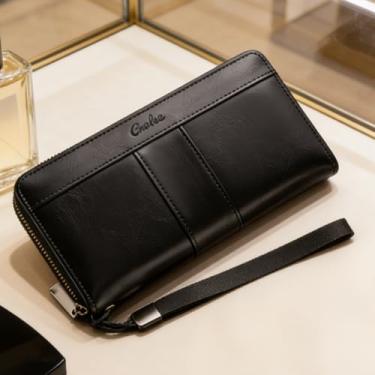 Imagem de Carteira masculina, carteira longa de couro com zíper com janela para identidade, grande capacidade e vários compartimentos para cartão de crédito, organizador seguro multifuncional (preto)