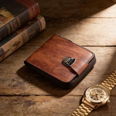 Imagem de Carteira masculina retrô marrom claro horizontal com estampa xadrez de couro legítimo sensação fácil de carregar, design aberto horizontal retrô com padrão xadrez, sensação de couro, fácil de