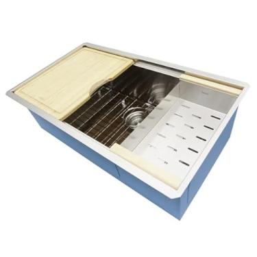 Imagem de Dakota Pia de cozinha com bordas acessórias, 83 x 48 cm, aço inoxidável calibre 16 – Tigela única embutida na pia com escorredor, tábua de corte de bambu, grade inferior – pias de cozinha premium