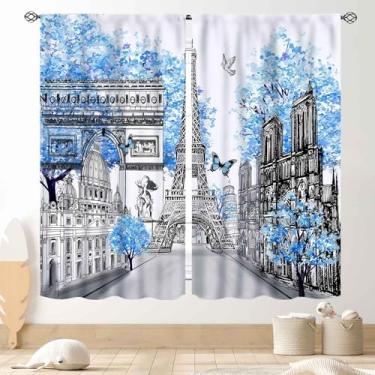 Imagem de Cortinas azuis de Paris, paisagem romântica moderna da cidade europeia, paisagem da Torre Eiffel, marco famoso da paisagem urbana, cortina de janela roxa para meninas, quarto, sala de estar, cozinha