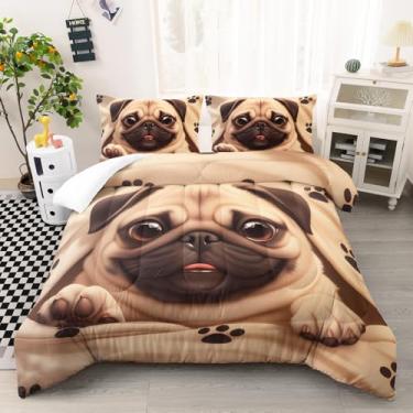 Imagem de AILONEN Jogo de cama solteiro com estampa de cachorrinho fofo de cachorro Pug - Conjunto de edredom com estampa de pata de cachorro kawaii para decoração de quarto - 3 peças, 1 edredom e 2 fronhas