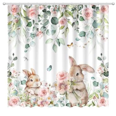Imagem de Fitumiw Cortina de chuveiro primavera coelhinho da Páscoa 182,88 cm x 182,88 cm decoração de banheiro rosa floral conjunto de cortina de banheira com 12 ganchos