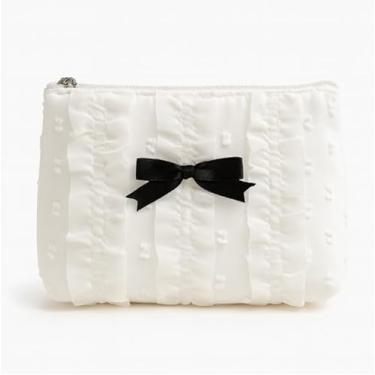 Imagem de Bolsa feminina com laço de renda estilo coreano, bolsa de maquiagem cosmética, bolsa de armazenamento portátil de grande capacidade, Branco