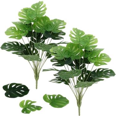 Imagem de Giegxin 2 peças de folhas artificiais de Monstera Deliciosa de 75 cm, plantas tropicais falsas grandes com 18 folhas por caule, palmeiras tropicais falsas de PVC realistas, para decoração de casa de