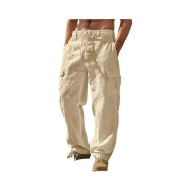 Imagem de Calças Casuais Masculinas De Algodão E Linho Com Múltiplos Bolsos, Est