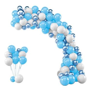 Imagem de Kit 125 Balões Bexiga Azul Claro + Branco + Azul Metalizado
