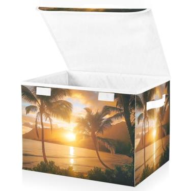 Imagem de Blueangle Cestos de armazenamento de coqueiros com tampas, 42 x 32 x 30 cm, grande cesta organizadora dobrável para decoração de escritório e armário (472)