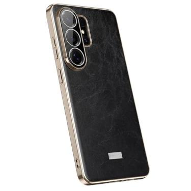 Imagem de POYUFRG Capa de couro para Samsung Galaxy S26 Ultra, fina, leve, luxuosa, galvanizada, com capa de proteção de lente com tudo incluído, preta, S26 Ultra