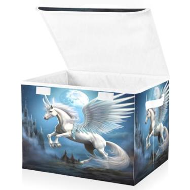 Imagem de Blueangle Cestos de armazenamento de cavalo branco com tampas, 42 x 32 x 30 cm, grande cesta organizadora dobrável para decoração de escritório e armário (52)