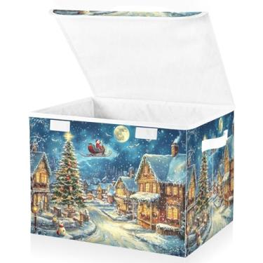 Imagem de Blueangle Caixotes de armazenamento de desenho animado Snow Town com tampas, 42 x 32 x 30 cm, grande cesta organizadora dobrável para decoração de casa e escritório (183)