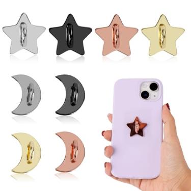 Imagem de 8 peças de ganchos para telefone, estrelas de ferro, lua, adesivo, alça adesiva, smartphones, suporte de anel de dedo, acessórios DIY para capa de celular e tablet (4 cores)