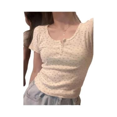 Imagem de Camiseta Slim Com Estampa Floral E Renda, Manga Curta, Decote Em U, Mo