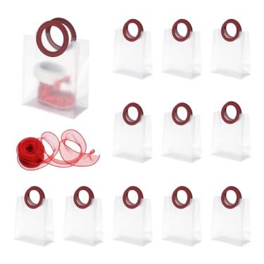 Imagem de PATIKIL Sacos de presente transparentes reutilizáveis com alça e fita, 12 peças de sacolas de plástico para doces e guloseimas para festa de celebração do festival de aniversário de casamento