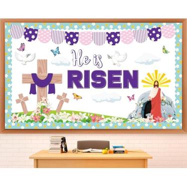 Imagem de Quadro de avisos de Páscoa, He is Risen, quadro de avisos religioso, Jesus de Páscoa, decoração de sala de aula, cruz, recortes florais para cristãos religiosos dominicais, escola, aula, igreja