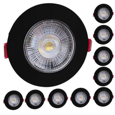 Imagem de 10 Spot LED 5W 3000K Redondo Bivolt Luz Amarela Preto Embutir Iluminaç