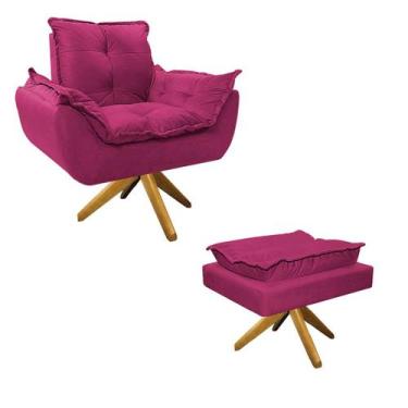 Imagem de Kit Poltrona e Puff Opala Base Giratória de Madeira Suede Pink - Doce 