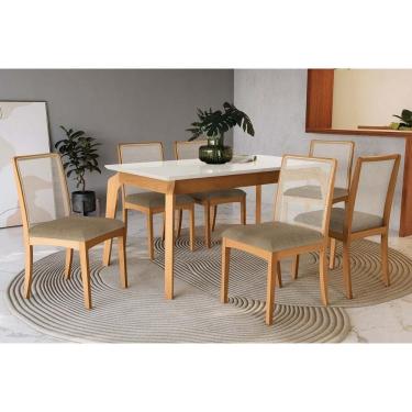 Imagem de Sala Jantar Mesa Petra Premium Madeira Maciça c/ Tampo Madeirado c/ Vidro 160x90cm e 6 Cadeiras Lara Carvalho/Off White - Boucle Bege Fendi-Kappesberg
