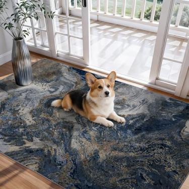 Imagem de Tapetes modernos laváveis na máquina para entrada: tapetes de área pequena de mármore azul 2x3 antiderrapantes - para banheiro interno, quarto, cabeceira