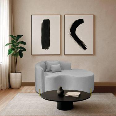 Imagem de Divã Recamier Curvo Sala De Estar Recepção Inglaterra 150cm Pés Metal Dourado Lado Direito Linho Cor Cinza Claro