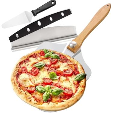 Imagem de Conjunto de Espátula de Pizza em Alumínio,Paddle de Pizzas de Metal 31x36CM com Cabo de Madeira Dobrável,Cortador de Pizzas em Forma de RocquetaAcessórios para Forno de Pizzas para Assar Pizza Caseira
