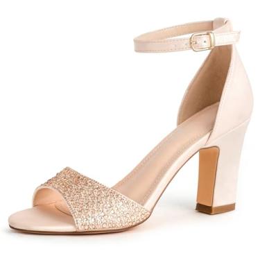 Imagem de SICARE Sandálias femininas de salto com strass, bico aberto, tira no tornozelo, salto grosso, brilhante, para formatura, festa, casamento, vestido para noiva, dama de honra, Damasco, 41