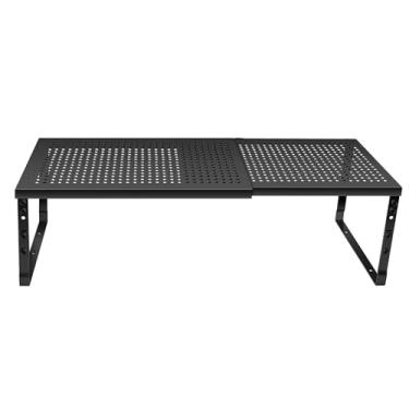 Imagem de BXQATMB Rack de armazenamento de metal empilhável ajustável – altura e largura expansíveis, posição de furo personalizável, prateleira de bancada e organizador de armário para cozinha, banheiro