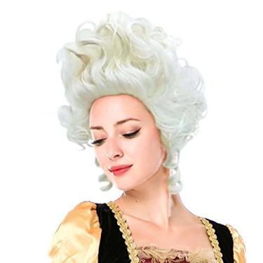 Imagem de Peruca colonial vitoriana feminina do século 18 Halloween Marie Antoinette cosplay cabelo ondulado encaracolado com touca de cabelo livre (11-branco)