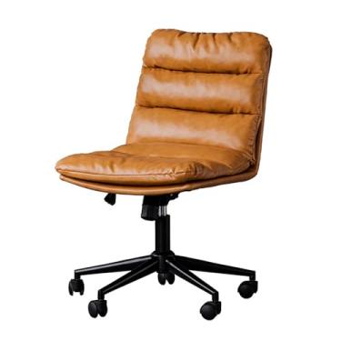 Imagem de Cadeira de escritório ergonômica giratória sem braços de couro azul com rodas – Cadeira estofada de altura ajustável para trabalho confortável no computador