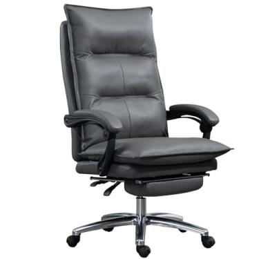 Imagem de Cadeira de escritório ergonômica executiva de couro genuíno com apoio para os pés e encosto ajustável - Cadeira giratória para presidente, cadeira de computador confortável