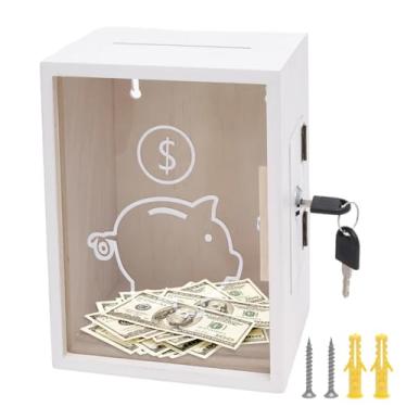 Imagem de Cofrinho com fechadura e chave, pote de economia de dinheiro para economizar dinheiro, caixa de poupança de madeira transparente aberta para adultos e crianças (branco)