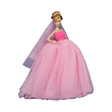 Imagem de Conjunto De Vestido De Casamento Rosa E Véu De Renda Para Boneca De 11