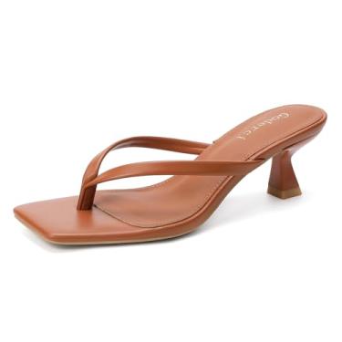 Imagem de Goderci Sandália feminina de salto baixo com bico aberto quadrado gatinho, Marrom, 37