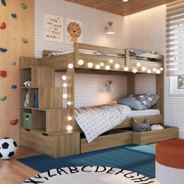 Imagem de Cama Beliche Infantil Bicama Menino Menina 2,32m Com Escada, Nichos E Gavetas Com Rodas Aveiro Oak