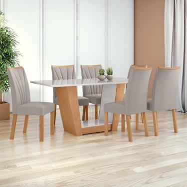 Imagem de Mesa 1,70 Apogeu Com Vidro + 06 Cadeiras Apogeu Tecido Veludo Liso Capuccino Amendoa Cle/off