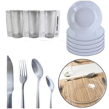 Imagem de Jogo Jantar 36 Pç Prato Fundo, Copos Vidro e Talheres Inox Kit Casa No