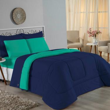 Imagem de Kit Edredom Dupla Face + Jogo De Lençol Casal Viúva Nobre 6 Peças Malha 100% Algodão - Azul-marinho / Jade