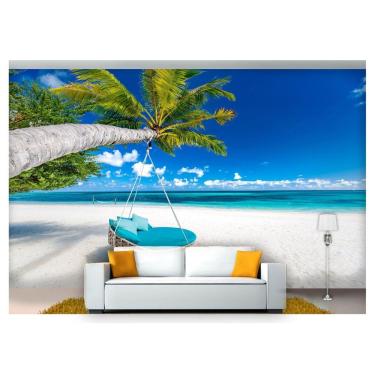 Imagem de Papel De Parede Praia Mar Céu Azul Balanço 3D  Npr233