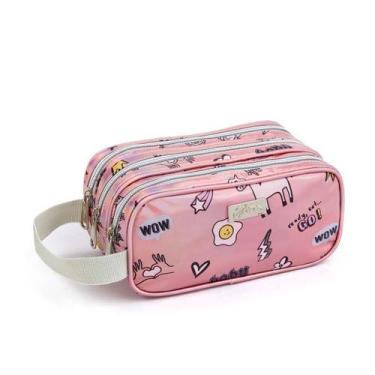 Imagem de Estojo Juvenil Feminina Duplo Escolar Metalizado Fashion Seanite, Rosa