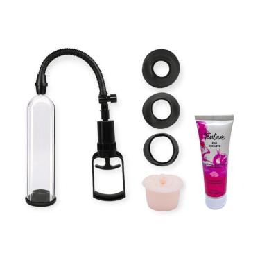 Imagem de Kit Bomba Peniana Manual com 3 Anéis de Vedação e Vagina + Lubrificante Fun Chiclete em Silicone Transparente