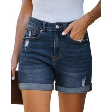 Imagem de Shorts Jeans Feminino LookbookStore Cintura Alta Azul 14 cm
